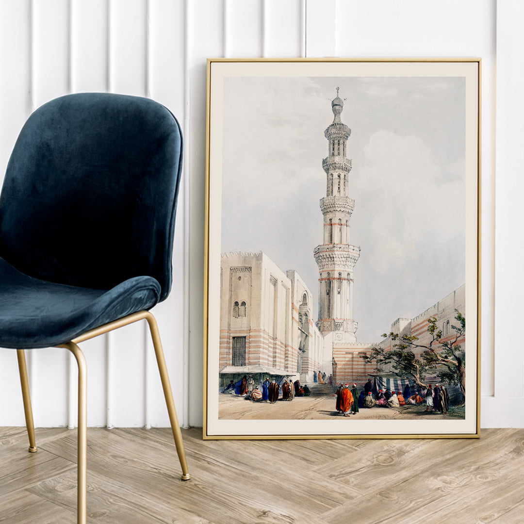 People gathered outside ornate minaret mosque in Cairo detailed illustration by David Roberts, framed and displayed in home decor