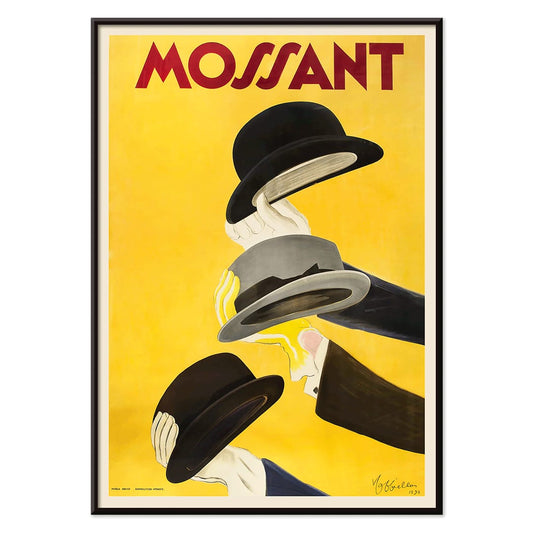 Vibrant poster by Leonetto Cappiello featuring three hands holding hats with yellow background and Mossant text, with black aluminium frame on white background