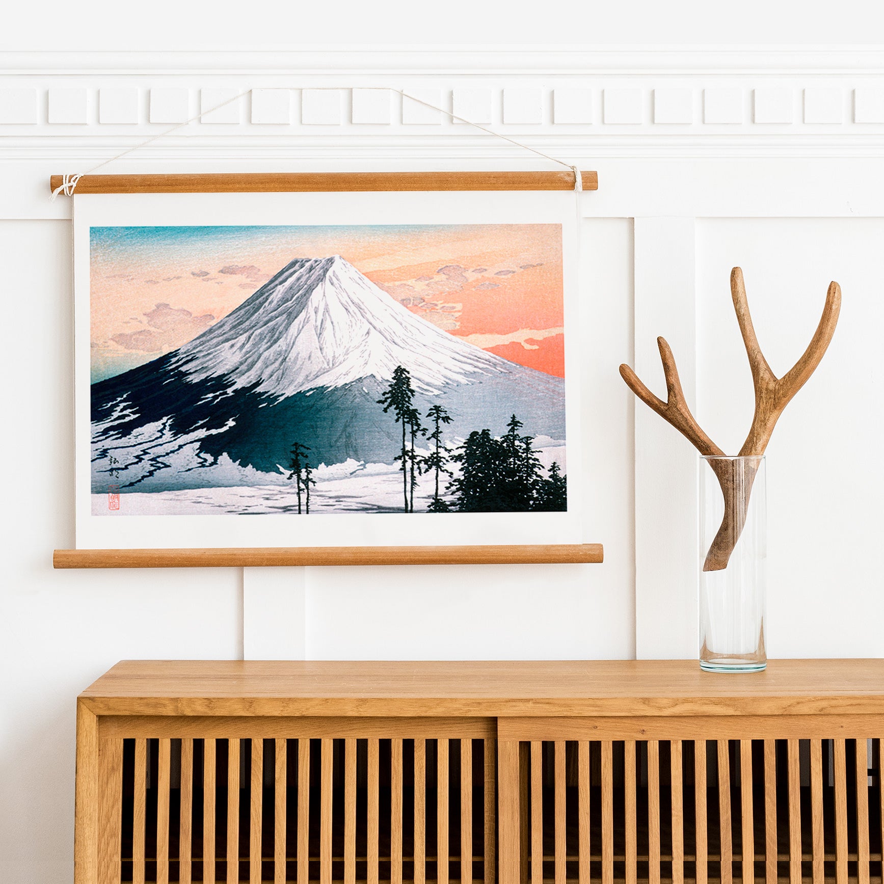 Colorful landscape and snowy mountain with trees at sunrise Katsuyama Neighborhood artwork by Hiroaki Takahashi, framed and displayed in home decor