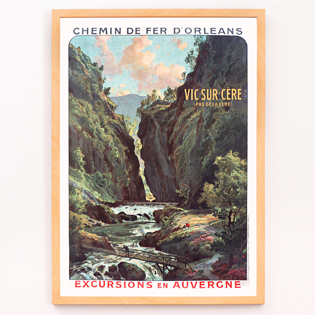 Closeup detail of Scenic mountain gorge with river and footbridge in Vic Sur Cere travel poster by Louis Tauzin artwork for excursions in Auvergne