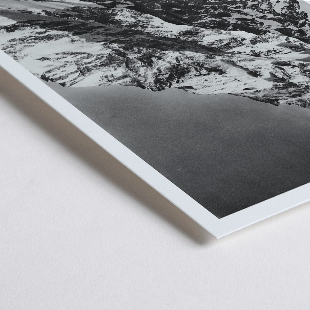 Closeup detail of Black and white photograph and poster of K2 west face by Vittorio Sella showing the snow-covered mountain peak