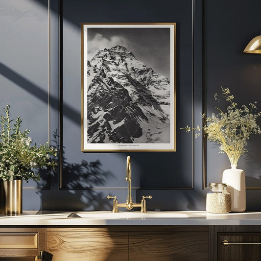 Black and white photograph and poster of K2 west face by Vittorio Sella showing the snow-covered mountain peak, framed and displayed in home decor
