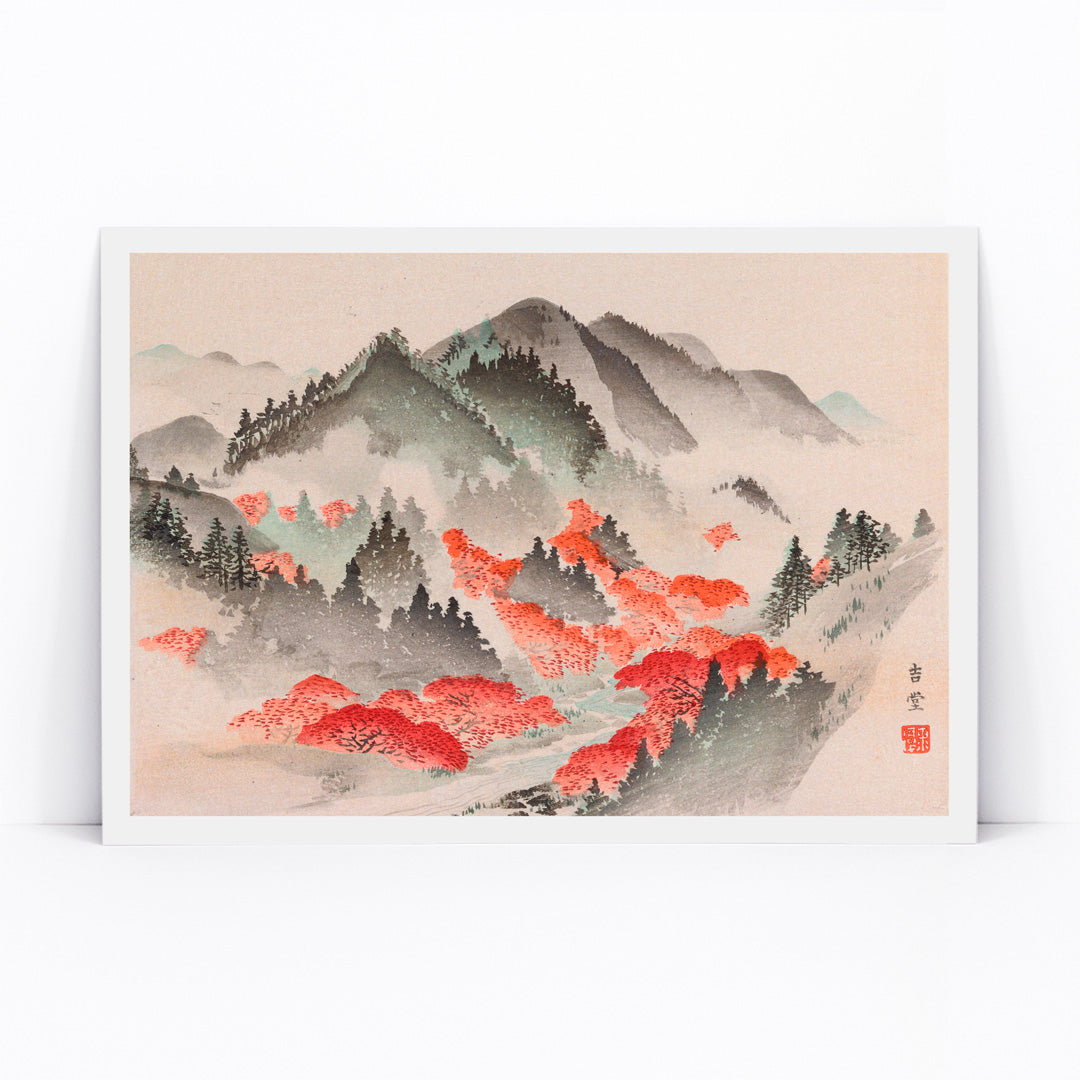 Heian meisho Japanese landscape poster with misty mountains vibrant autumn foliage and red trees in traditional painting style, framed and displayed in modern living room decor