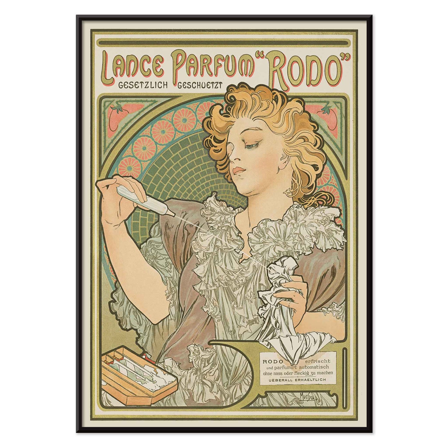 Alphonse Mucha Lance parfum Rodo poster Art Nouveau woman with flowing hair floral border soft green gold tones, with black aluminium frame on white background