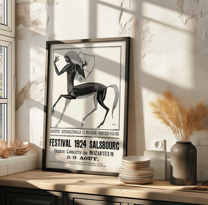 Centaur playing lyre and harp by Edmund Dulac for Societe internationale de musique contemporaine de Salsbourg poster artwork, framed and displayed in modern living room decor