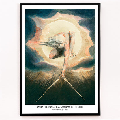 Closeup detail of Mystical figure with flowing hair setting a compass to the earth in Ancient of Days by William Blake poster