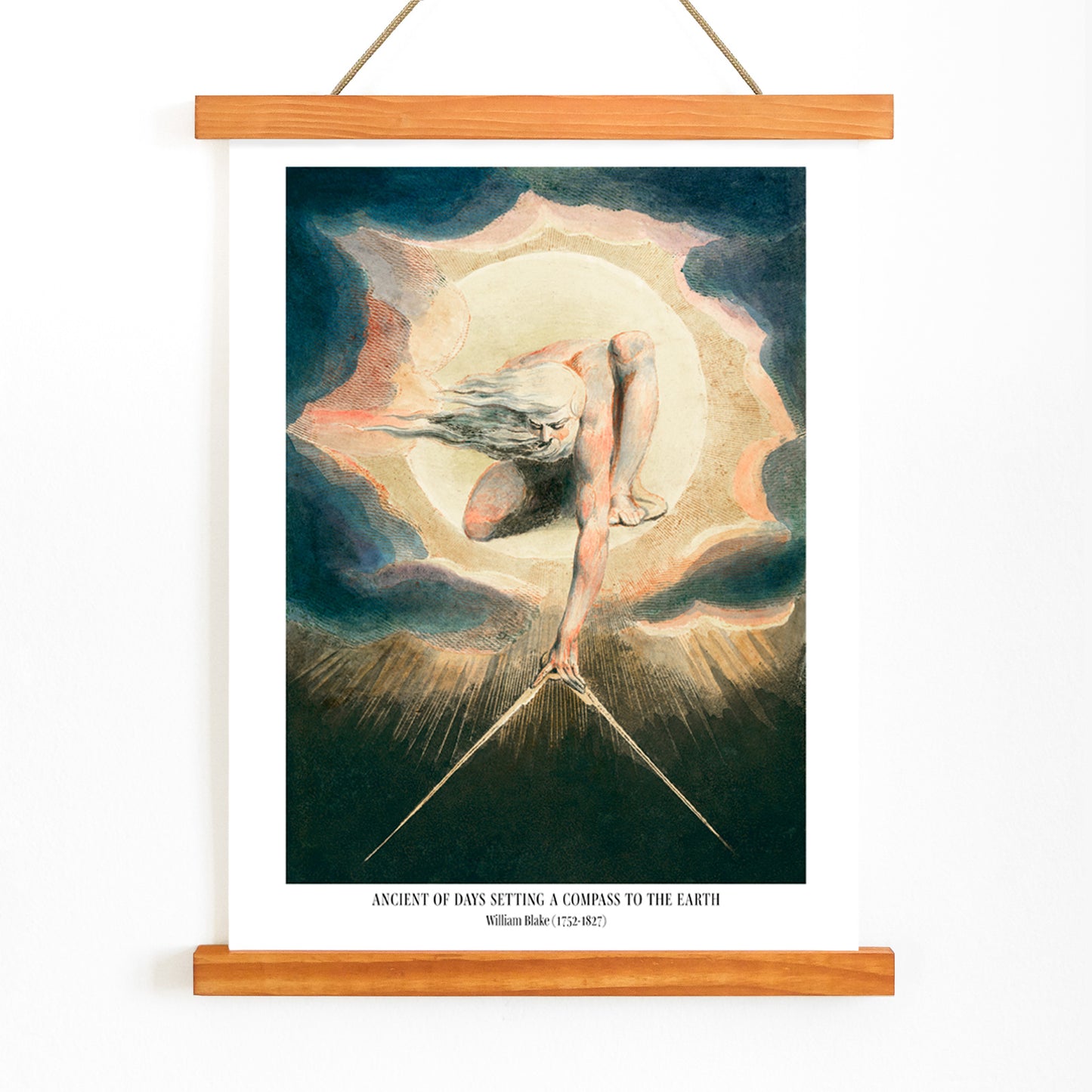 Mystical figure with flowing hair setting a compass to the earth in Ancient of Days by William Blake poster, with wooden magnetic frame on white background