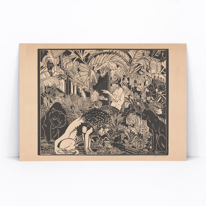 Orpheus playing harp surrounded by animals in lush jungle artwork by Henri van der Stok poster, framed and displayed in modern living room decor