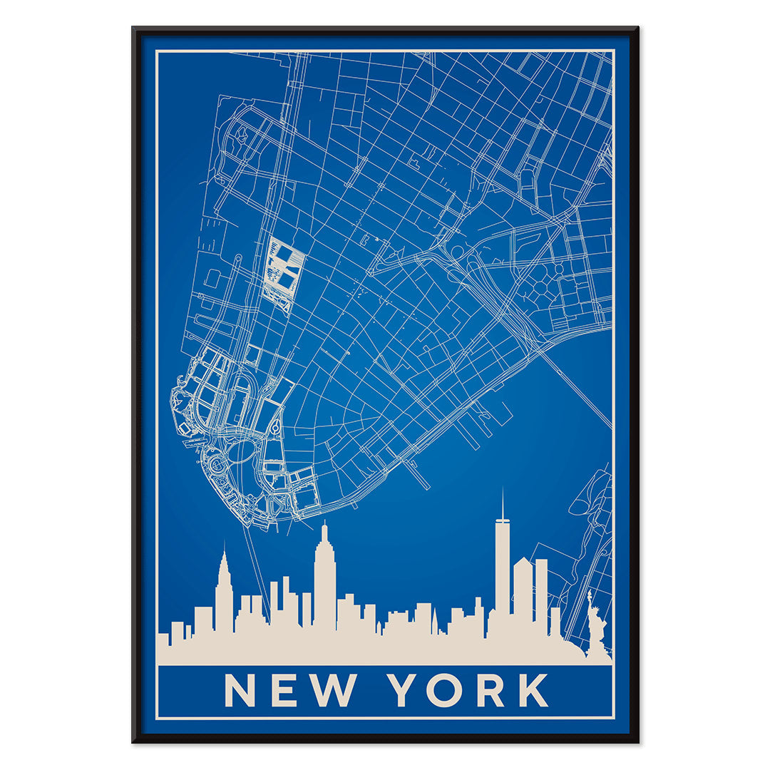 New York Minimalist Map poster by artist New York featuring a blue and white outline of New York City streets above a city skyline silhouette, with black aluminium frame on white background