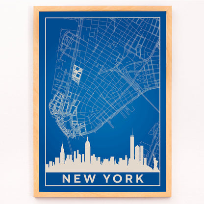 New York Minimalist Map poster by artist New York featuring a blue and white outline of New York City streets above a city skyline silhouette, framed and displayed in modern living room decor
