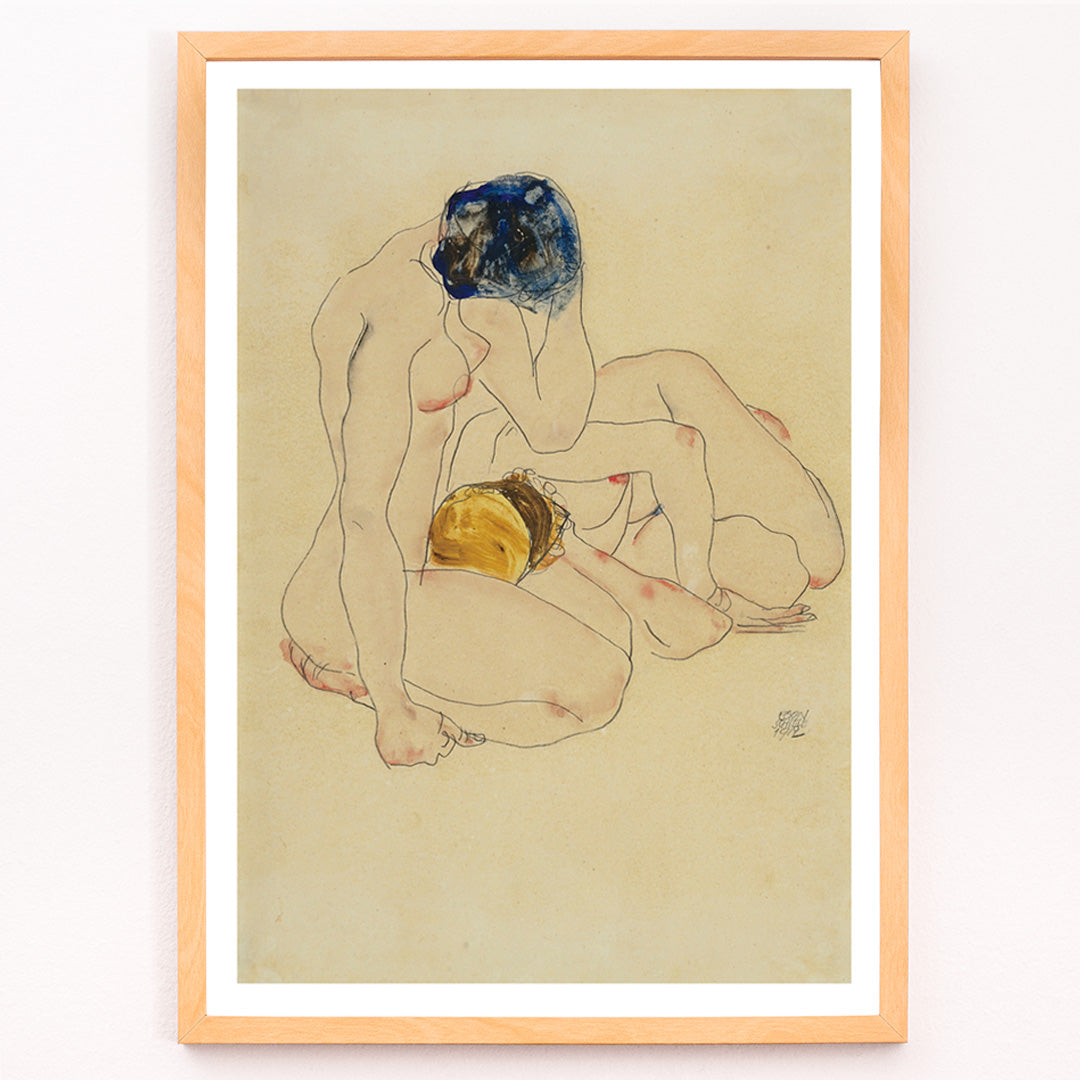 Closeup detail of Two Friends by Egon Schiele poster featuring two nude figures in an intimate seated pose with expressive linework artwork