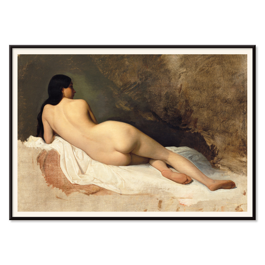 Study of a Reclining Nude by Isidore Pils poster featuring a nude woman lying on white fabric against a textured background, with black aluminium frame on white background