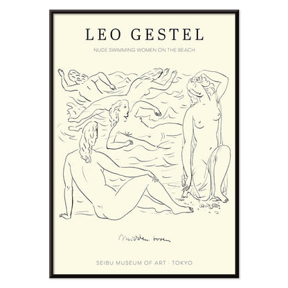 Poster of Nude Women Swimming on the Beach by Leo Gestel in Post Impressionist Style at Seibu Museum of Art Tokyo, with black aluminium frame on white background