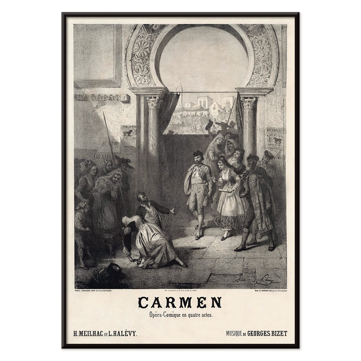 Promotional poster for Carmen by Georges Bizet published by Choudens featuring characters in a dramatic scene under an archway, with black aluminium frame on white background