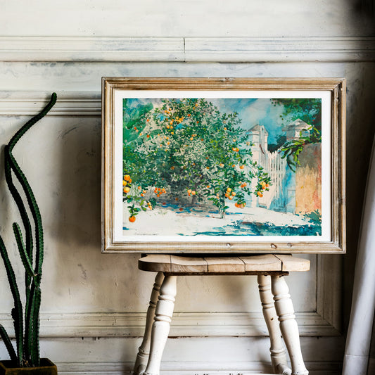 Orange Trees And Gate by Winslow Homer watercolor painting poster featuring lush orange trees and a white picket gate in a sunny garden scene, framed and displayed in home decor
