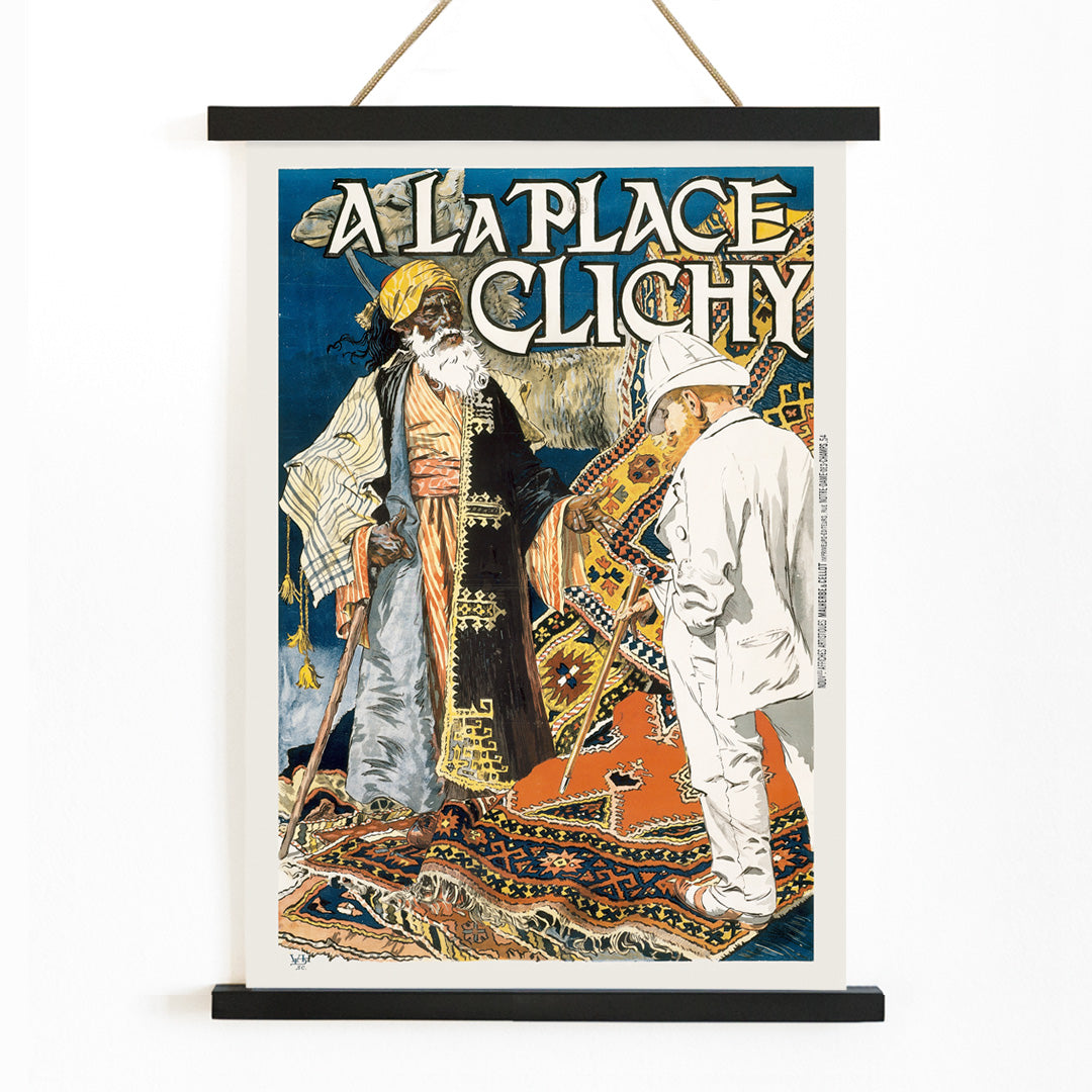Colorful market scene with two men on ornate patterned rugs poster with bold text A la Place Clichy by Eugene Grasset, with wooden magnetic frame on white background