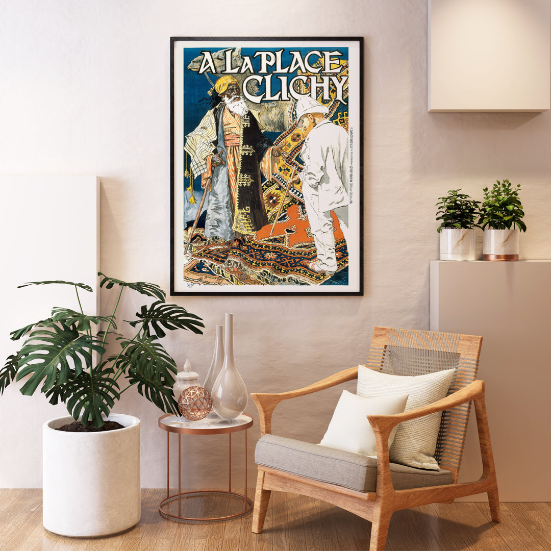 Colorful market scene with two men on ornate patterned rugs poster with bold text A la Place Clichy by Eugene Grasset, framed and displayed in home decor