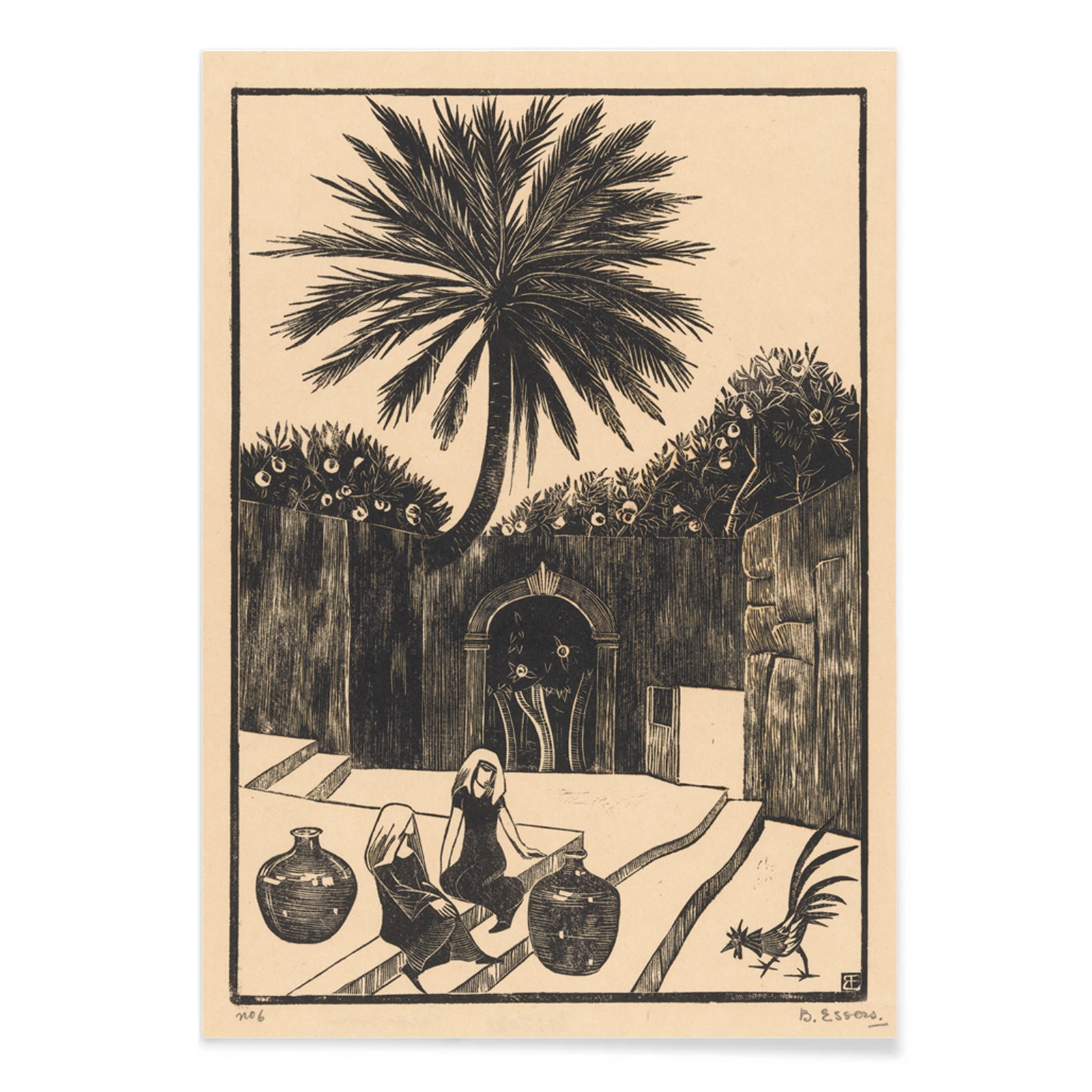 Street with steps in Taormina Sicily featuring palm tree two women with jugs and figures outdoor scene artwork by Bernard Essers, with black aluminium frame on white background