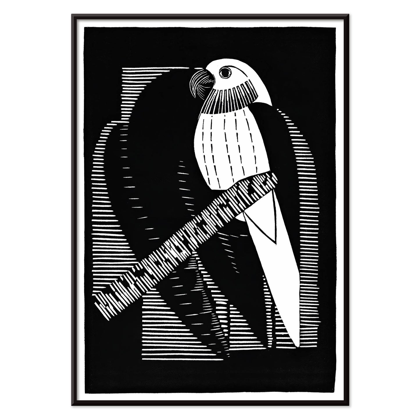 Black and white geometric parakeet artwork by Samuel Jessurun de Mesquita titled Parakeets Parkieten poster featuring parakeet on branch, with black aluminium frame on white background