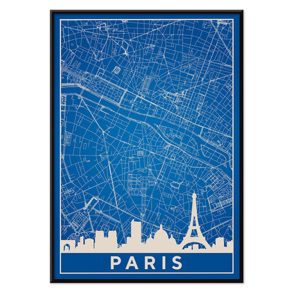 Minimalist Paris city map artwork and poster featuring detailed blue and white map with Eiffel Tower and prominent Paris landmarks, with black aluminium frame on white background
