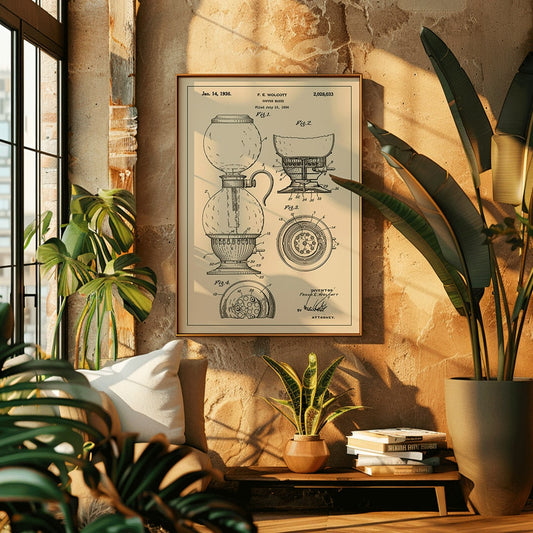 Vintage patent drawing and blueprint poster of Coffee Maker by F E Wolcott featuring detailed diagrams, framed and displayed in home decor