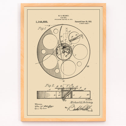 Closeup detail of Vintage film reel patent illustration and schematic artwork by M G Delaney for wall art decor