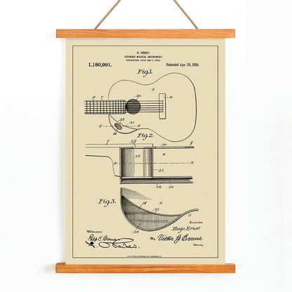 Musical Instrument Patent by H Ernst with detailed technical drawings of a stringed instrument and guitar patent illustration poster, with wooden magnetic frame on white background