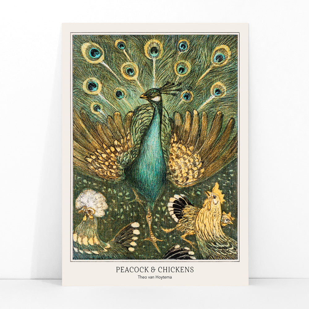 Colorful peacock and chickens artwork vibrant poster by Theo van Hoytema featuring peacock with spread feathers and chickens from Peacock and Chickens, framed and displayed in modern living room decor