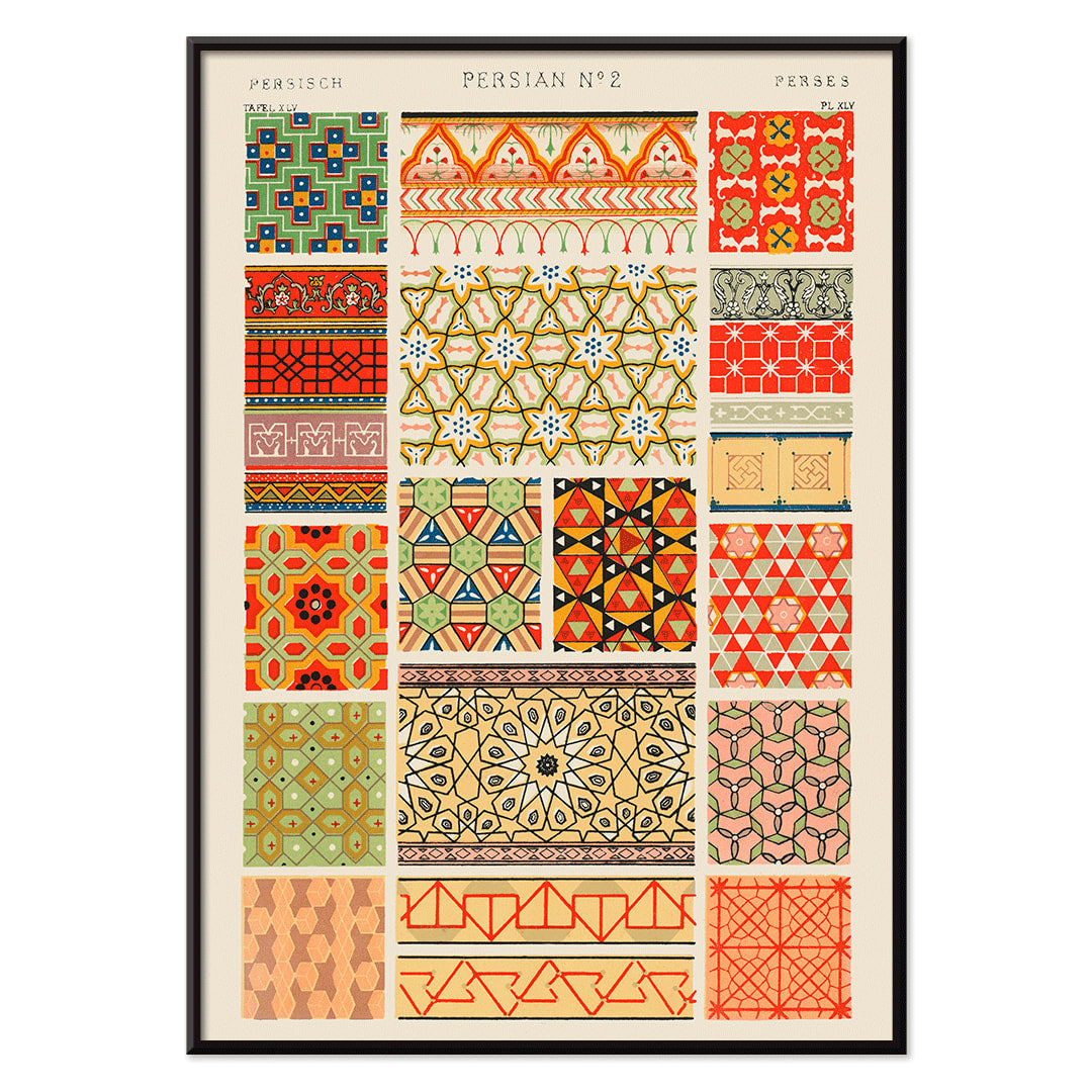 Poster of Persian 2 vintage pattern from Grammar of Ornament by Owen Jones with intricate and colorful geometric designs, with black aluminium frame on white background