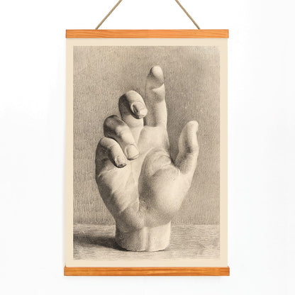 Poster of a detailed pencil drawing of a sculpted raised hand by Dankvart Dreyer titled A Hand Drawn After Plaster, with wooden magnetic frame on white background