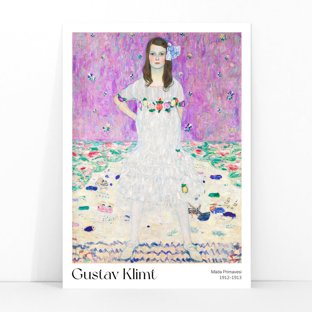 Mada Primavesi by Gustav Klimt poster featuring a young girl in a white dress with a colorful floral background, framed and displayed in modern living room decor