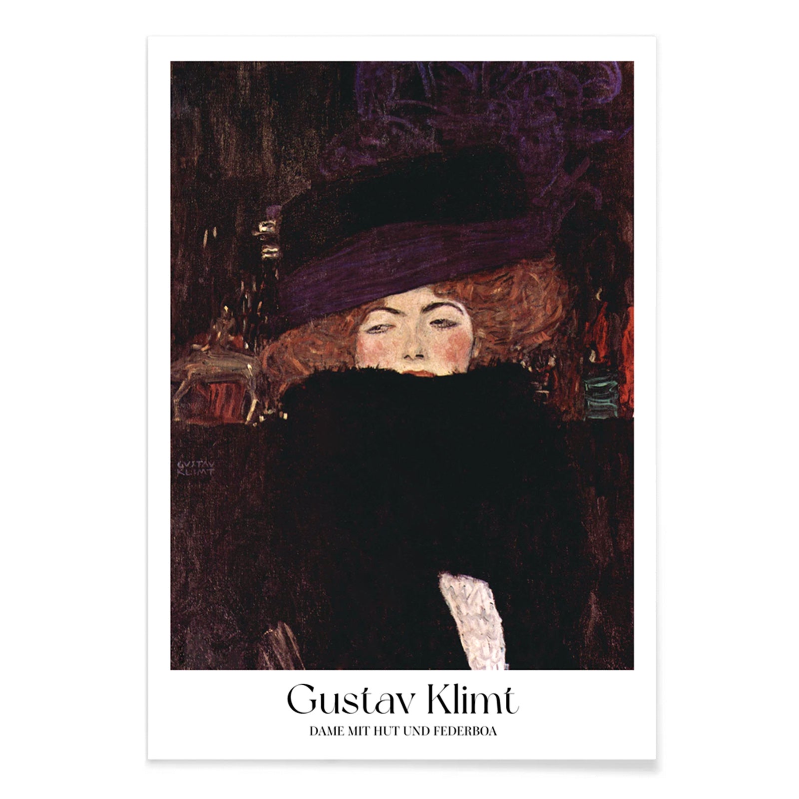 Elegant woman with hat and feather boa painted by Gustav Klimt Dame mit Hut und Federboa poster showing a woman in elegant attire, with black aluminium frame on white background