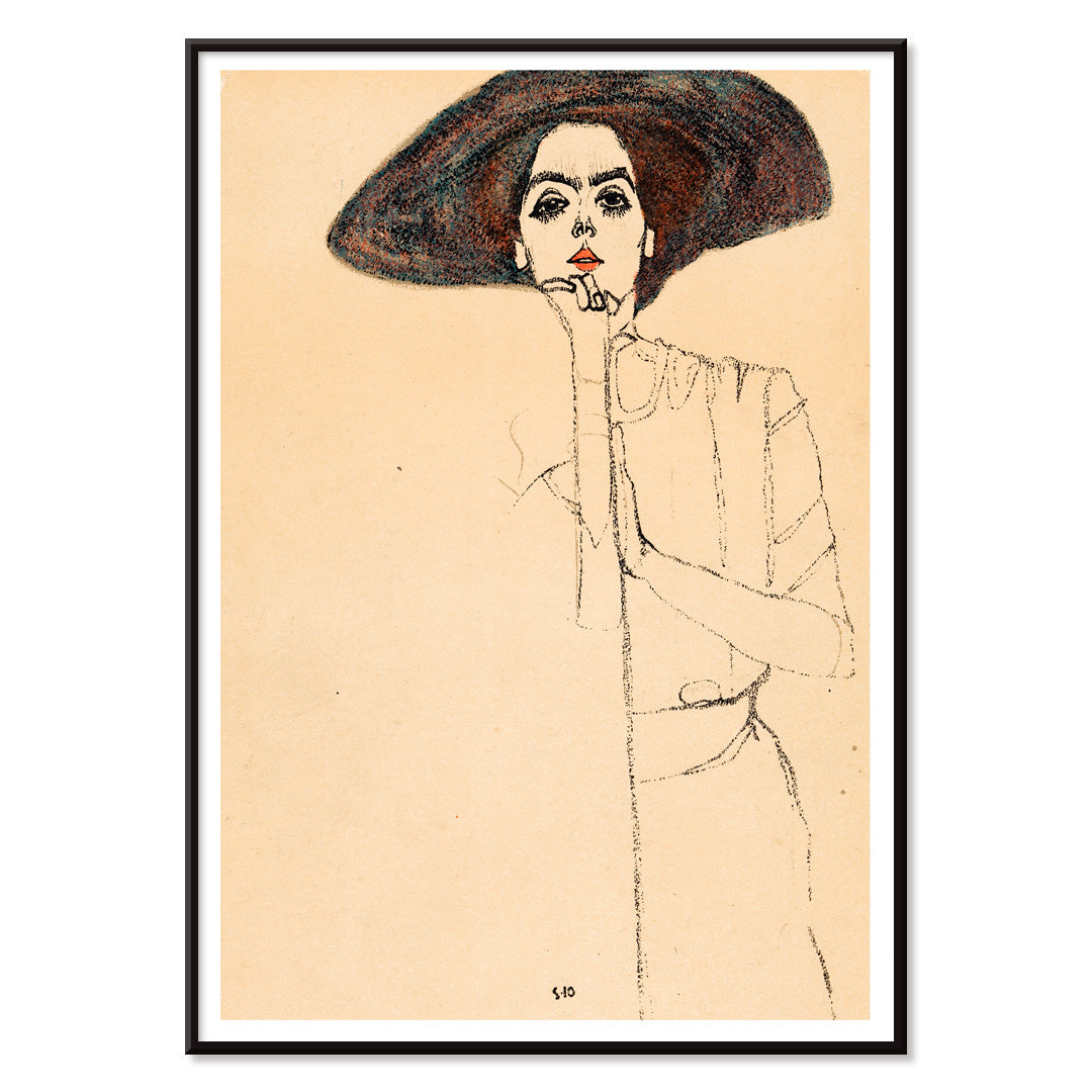 Frauenbildnis II by Egon Schiele poster featuring a woman in a large hat expressive minimalistic line drawing on beige background, with black aluminium frame on white background