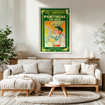 Colorful vintage poster of Portugal Today featuring a woman in traditional attire carrying grapes and fruit on her head with vibrant backdrop by William Fox and Anonymous, framed and displayed in home decor