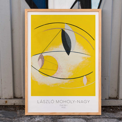 Abstract geometric yellow and white shapes with curved lines artwork Gal Ab I by Laszlo Moholy Nagy poster for wall decor, framed and displayed in home decor