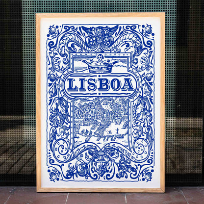 Artistic depiction and poster of Lisbon cityscape in blue and white azulejos with ornate designs titled Lisbon Azulejo Blue painted tile 2, framed and displayed in home decor