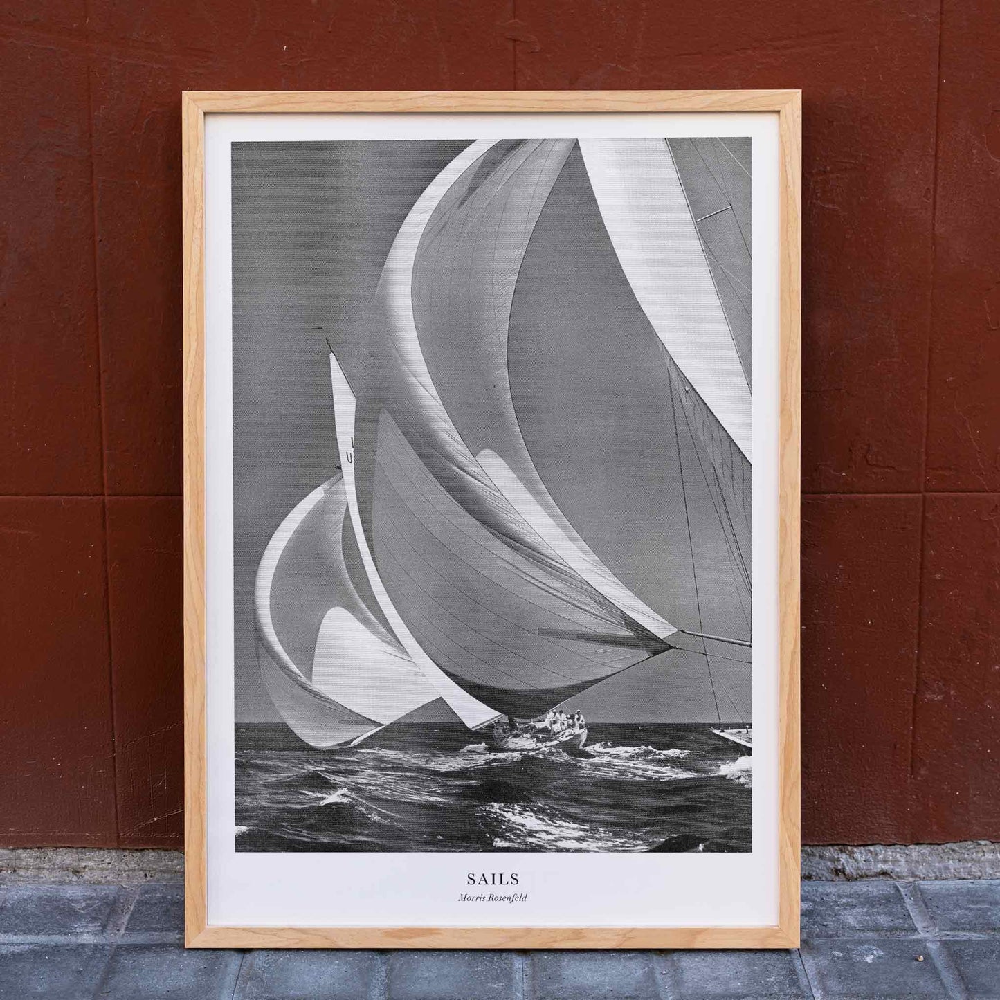 Sailing yacht with billowing sails on the open ocean by Morris Rosenfeld titled Sails poster artwork, framed and displayed in home decor
