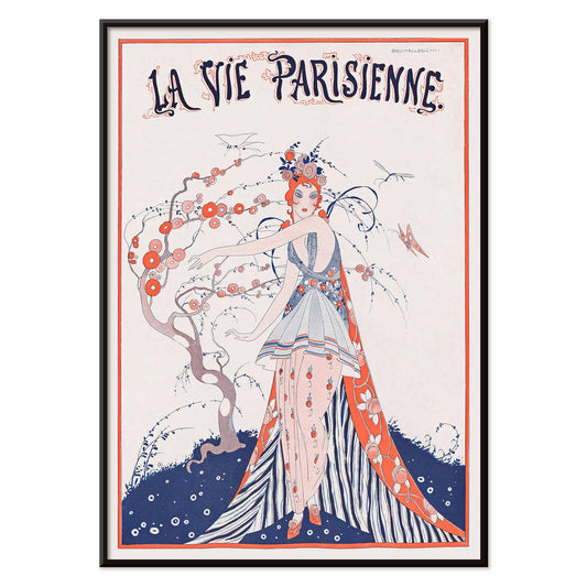 Elegant Art Deco poster of a woman in a floral dress standing by a blossoming tree La Vie Parisienne by Umberto Brunelleschi, with black aluminium frame on white background