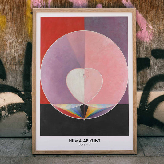 Abstract geometric shapes in pastel and rainbow colors with heart motif poster inspired by Doves by Hilma af Klint, framed and displayed in home decor