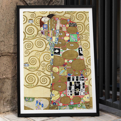 Fulfillment by Gustav Klimt vibrant embrace poster with intricate figures colorful patterns and swirling golden backgrounds, framed and displayed in home decor