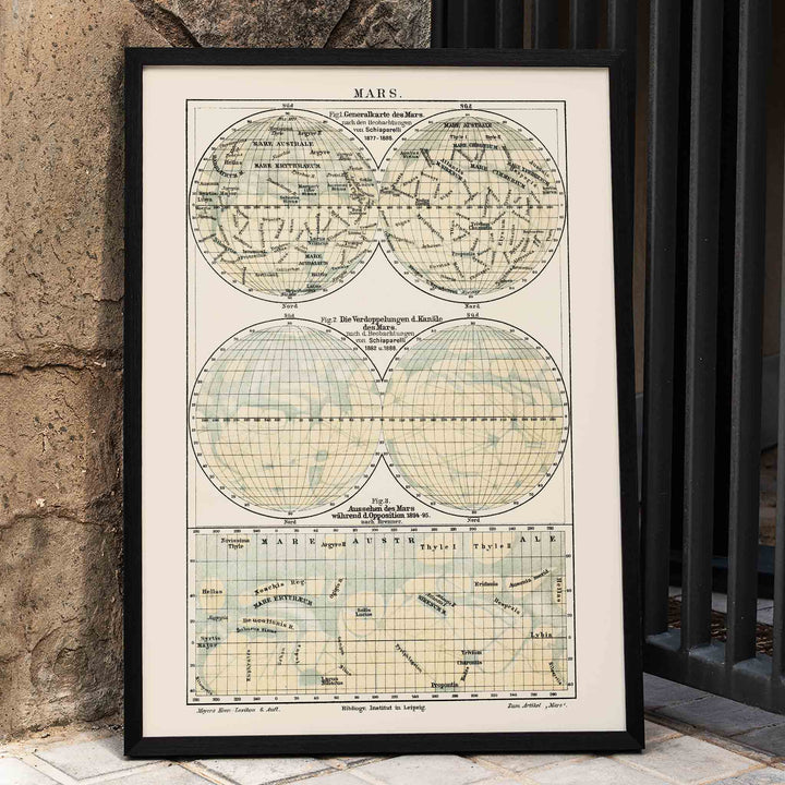 Vintage map of Mars illustration and scientific reference poster by Bibliographic institute of Liepzig, framed and displayed in home decor