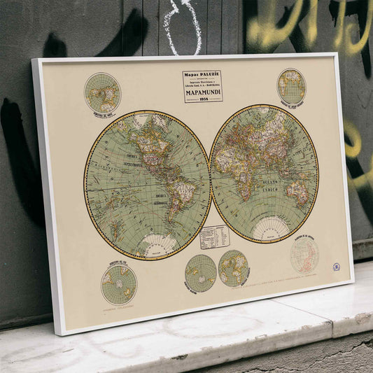 Vintage world map Mapamundi 2 by Paluzie Lucena Josep with detailed continents and country borders illustration poster, framed and displayed in home decor