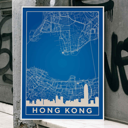 Minimalist Valencia Map poster by artist Minimalist featuring a detailed blue and white city map and skyline, framed and displayed in home decor