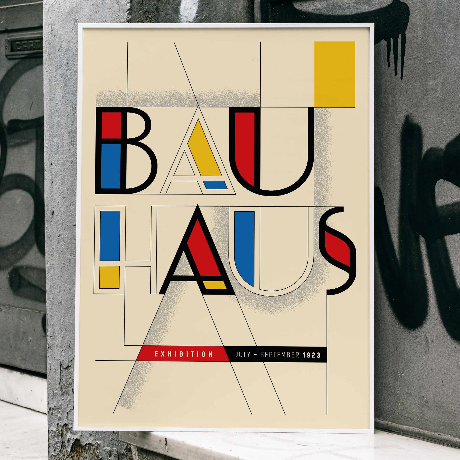 Bauhaus Poster inspired by Weimar Exhibition featuring bold geometric design red blue and yellow accents and striking typography, framed and displayed in home decor