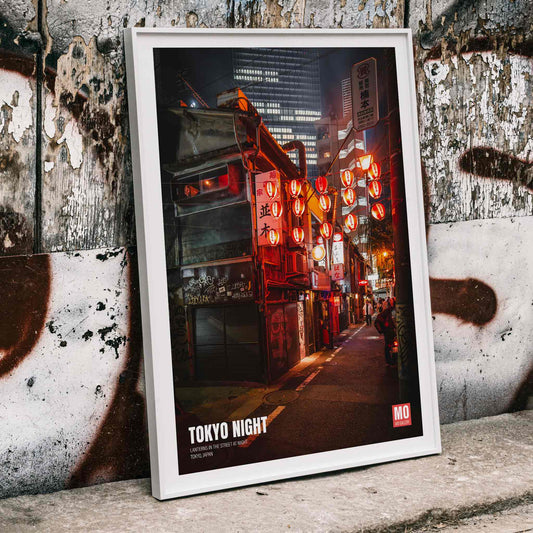 Vibrant Tokyo street at night with illuminated lanterns artwork titled Tokyo Night by Mo Art Gallery, framed and displayed in home decor