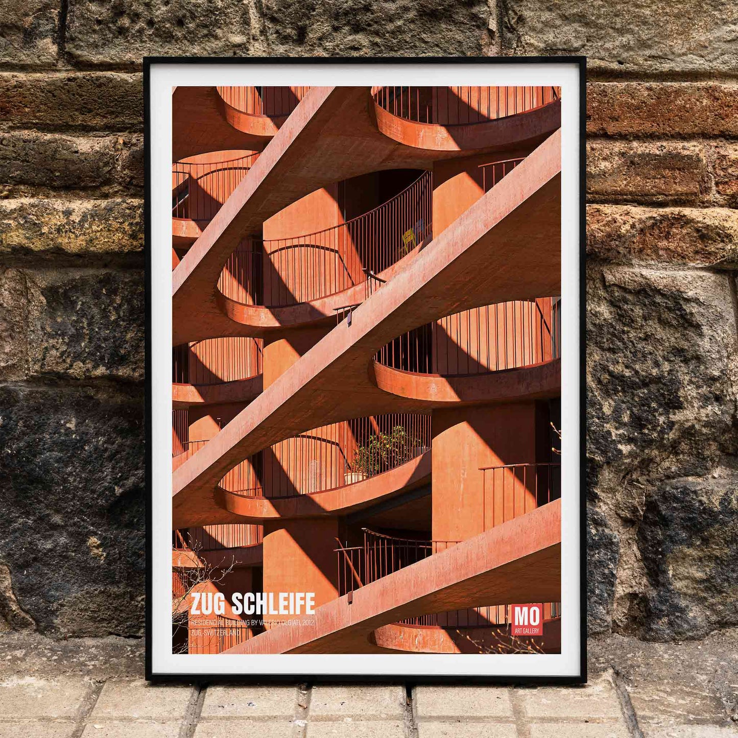 Modern architectural abstract artwork Zug Schleife Switzerland by Mo Art Gallery featuring geometric patterns shadows and orange hues, framed and displayed in home decor