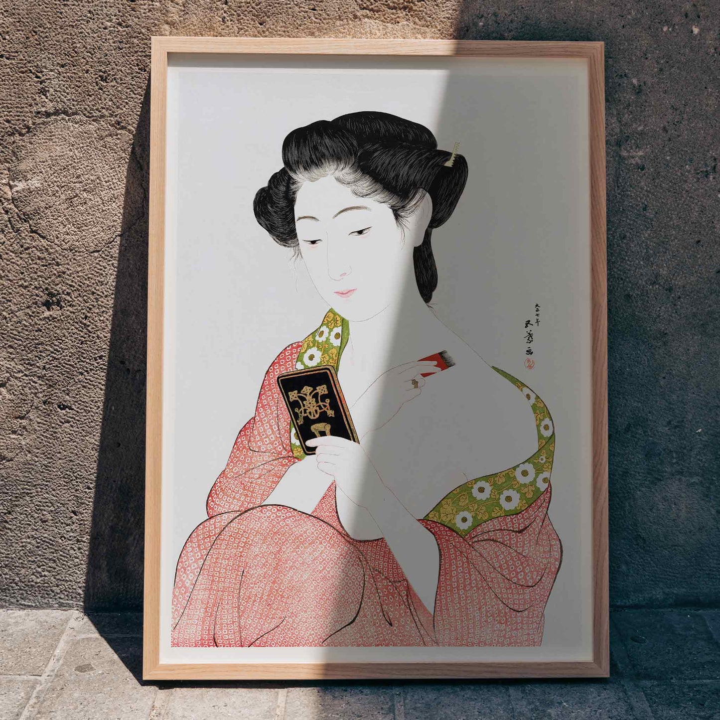 High resolution Japanese art print of a woman in a kimono applying powder by Goyo Hashiguchi titled Woman Applying Powder, framed and displayed in home decor