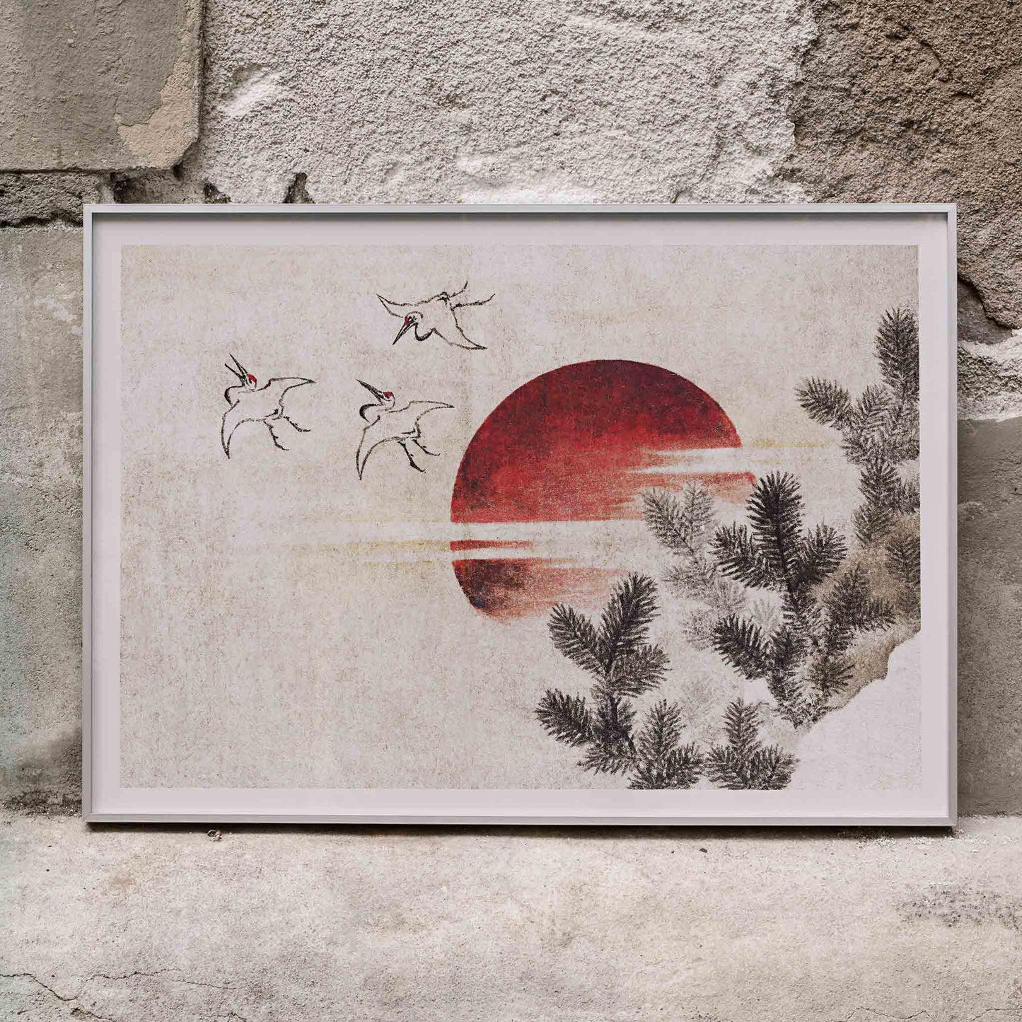 Cranes and birds flying near a red sun with pine branches inspired by Birds and Sunset by Katsushika Hokusai Japanese art poster, framed and displayed in home decor
