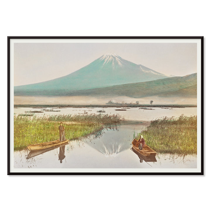 Mount Fuji from Kashiwabara with boats on tranquil lake hand colored albumen print and poster by Kazumasa Ogawa, with black aluminium frame on white background