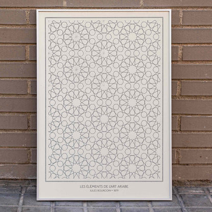 Intricate geometric patterns by Jules Bourgoin from Les elements de l art arabe poster, framed and displayed in home decor